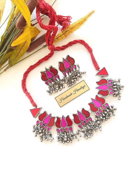 Hot Pink Glass Tribal Choker | Lotus Afghan Kuchi Necklace Earrings | Boho Indian Festival Jewelry
