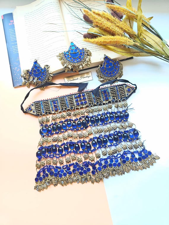 Afghan Jewelry Set, Blue Afghani Necklace, Tribal Ethnic Piece, Kuchi Tribal Choker Set, Eid Gift for Her