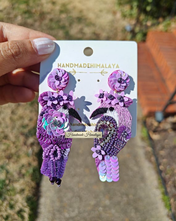 Purple Song Bird Beaded Earrings | Floral Spring Dangle Earrings | Statement Jewelry