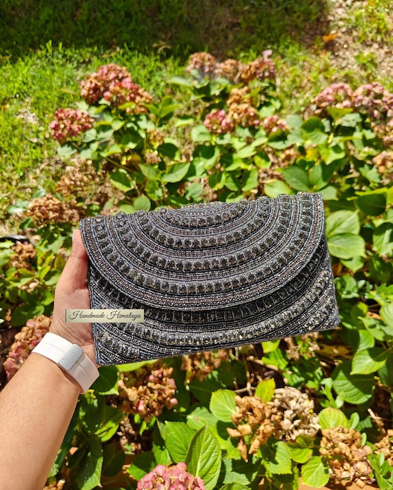 Gray Metallic Beaded Clutch: Silver Crystal Envelope Crossbody Evening Clutch Party Purse Bag