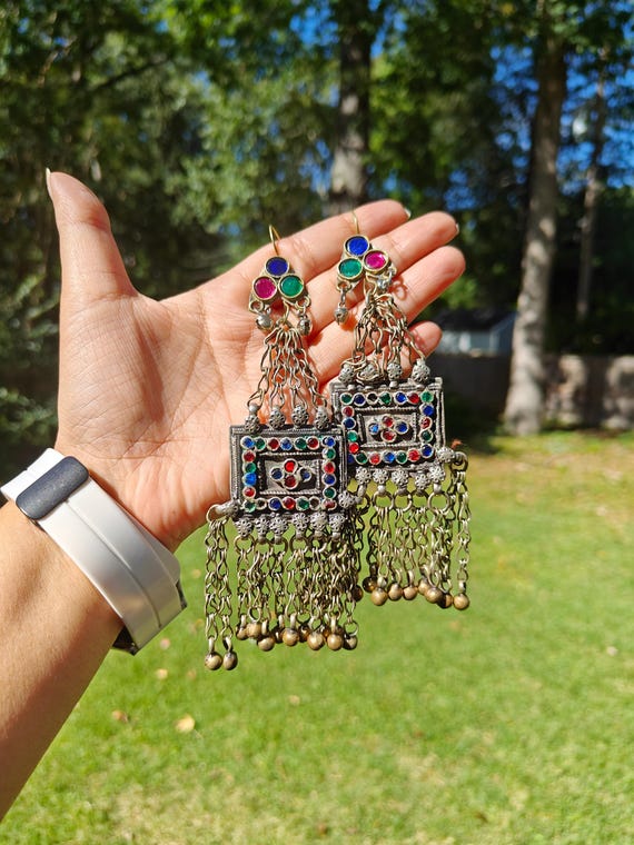 Vintage Afghan Earrings Long Oversized Silver Metal Tribal Kuchi Bell Dangle Dancer Jewelry