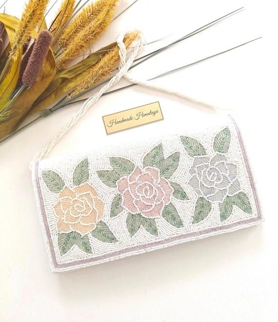 White Floral Beaded Bag | Pink and Gold Rose Bridal Wedding Handbag | Ivory Evening Purse