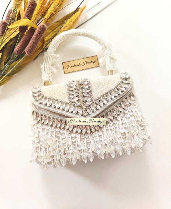 Crystal Bridal Clutch, White Ivory Beaded Wedding Purse Gift