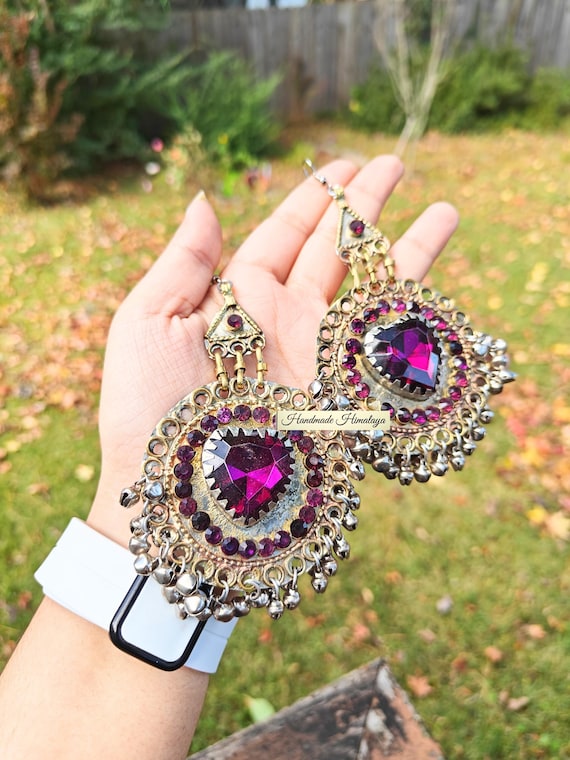 Vintage Afghan Kuchi Earrings, Purple Stone Dangle, Belly Dance Jewelry