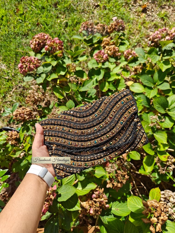 Crystal Gold Black Clutch, Rhinestone Beaded Purse, Crossbody Bag, Party Cocktail Evening Handbag