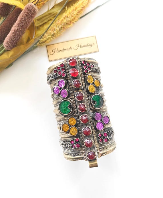 Afghan Kuchi Tribal Cuff Bracelet | Red  Purple Colorful Glass Jewel Silver Tone Bangle | Turkmen Style  Boho Artisan Accessory