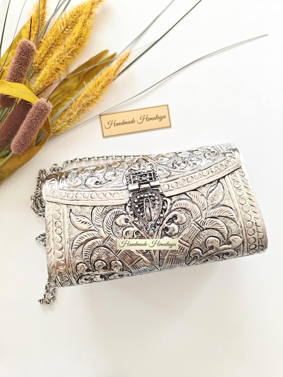 Silver Brass Clutch | Engraved Floral Metal Handbag | Bridal Party Crossbody Bag