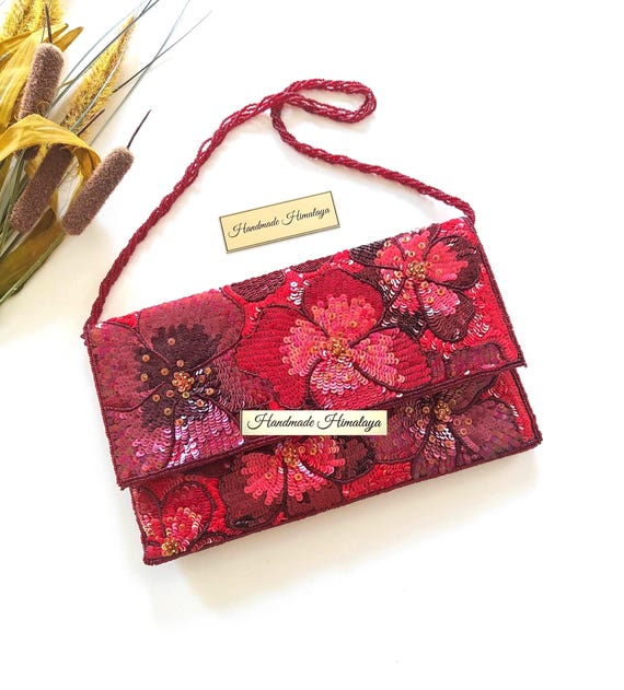 Red Floral Sequin Bridal Clutch | Burgundy Wedding Evening Purse