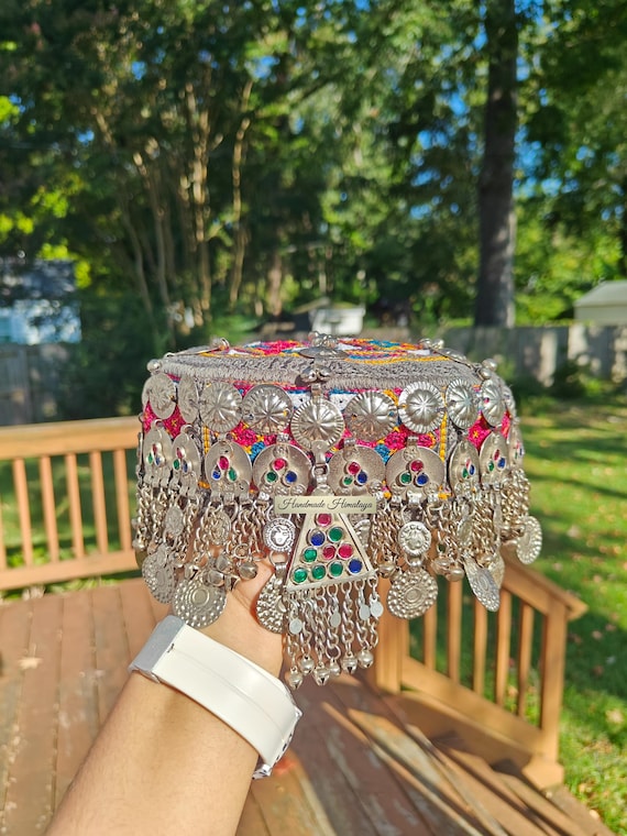 Embroidered Afghan Halima Sultan Cap: Traditional Belly Dance Woman Gray Hat