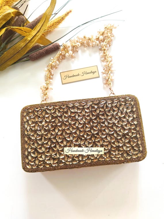 Antique Gold Crystal Clutch | Bronze Bridal Wedding Box Purse