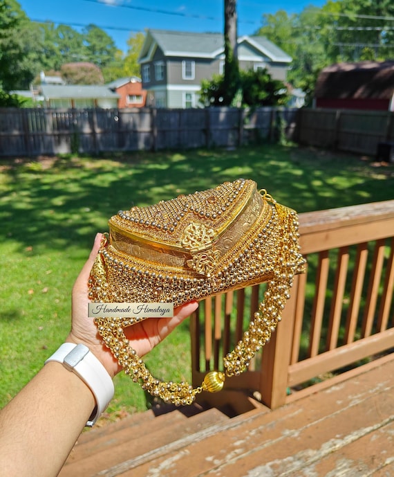 Golden Brass PotliBag, Beaded Clutch Purse, Indian Wedding Clutch, Golden Handbag, Brass Clutch, Evening Party Bag, Gift for Her