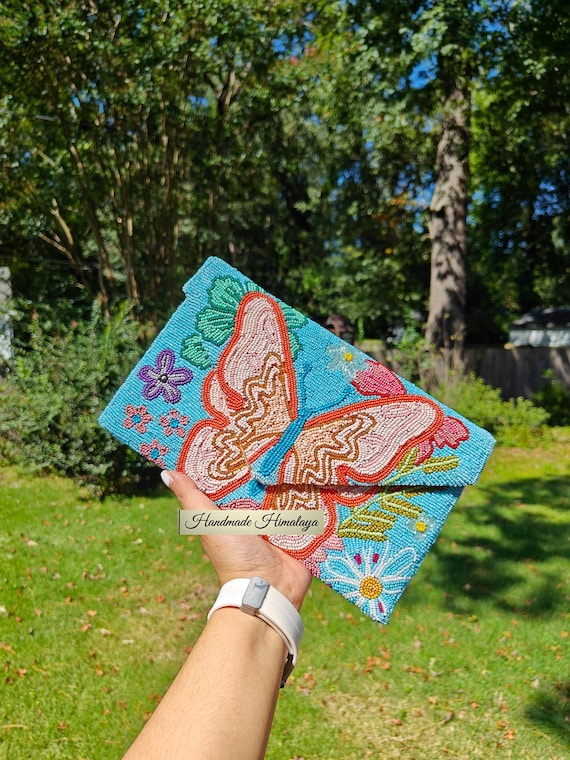 Butterfly Beaded Clutch: Handmade Floral Embroidered Crossbody Bag