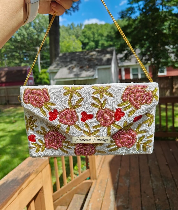 Floral Beaded Clutch, Pink White Purse, Beaded Purse, Envelope Bag, Vintage Style Bag, Crossbody Bag, Party Evening Purse, Gift for Her