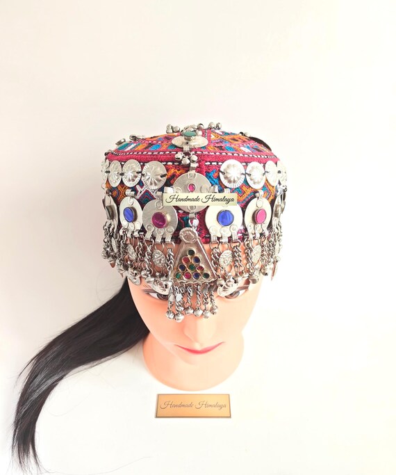 Afghan Tribal Embroidered Red Halima Sultan Cap | Vintage Kuchi Headpiece | Ethnic Festival Headwear