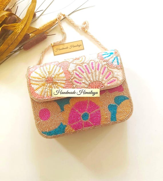 Rose Gold Beaded Clutch | Pastel Floral Sequin Embroidered Bridal Wedding Evening Purse