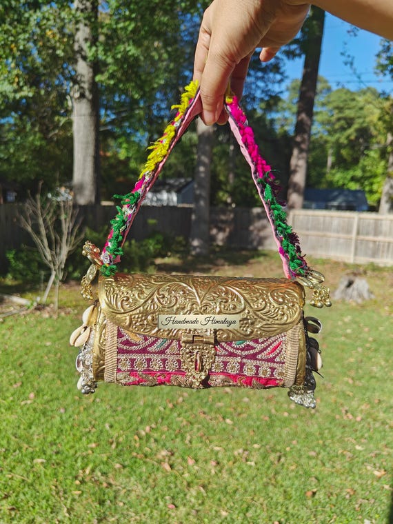 Gold Brass Clutch: Tribal Embroidered Strap, Mirrors Tassels, Engraved Kuchi Vintage Banjara Bag