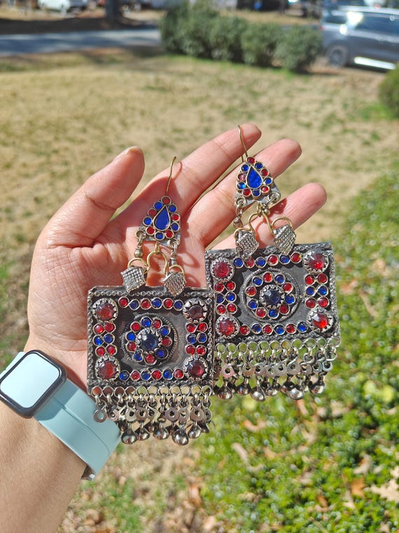 Vintage Afghan Earrings | Red Blue Stone Tribal Kuchi Dangles | Bohemian Nomad Jewelry for Festivals