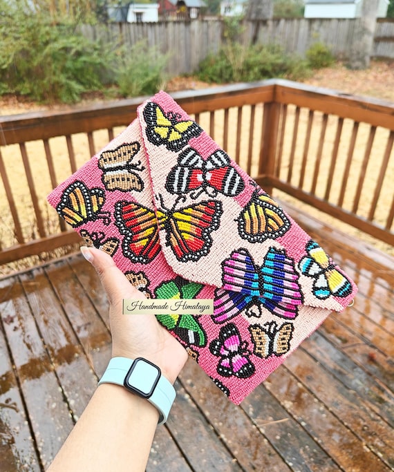 Butterfly Beaded Clutch Purse, Pink Handmade Evening Bag, Colorful Seed Bead Statement Handbag, Festival Party Clutch, Artistic Boho Purse