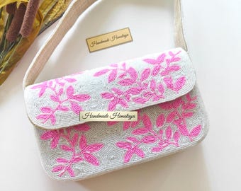 Pink Floral Beaded Bag | White Beaded Bridal Wedding Purse