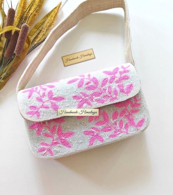 Pink Floral Bridal Purse | White Beaded Wedding Bag