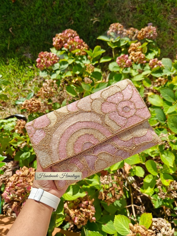 Golden Beaded Clutch: Pastel Floral Crossbody Sling Handbag Party Evening Bag