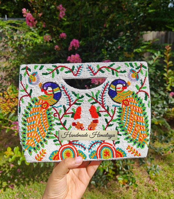Peacock Beaded Bag, Beaded Clutch, Seed beaded Crossbody Handbag, Square Beaded Purse, Gift for Her, Statement Beaded Clutch Bag, Party Bag