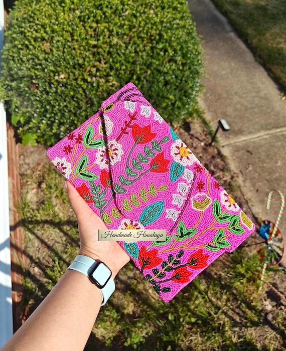 Fuchsia Pink Beaded Clutch | Floral Envelope Evening Purse