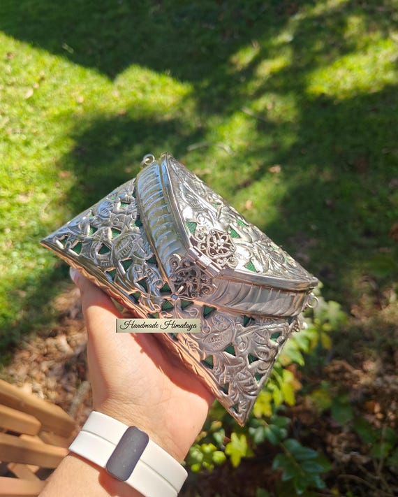 Embossed Brass Clutch: Silver Metal Indian Purse, Silver Wedding Bag