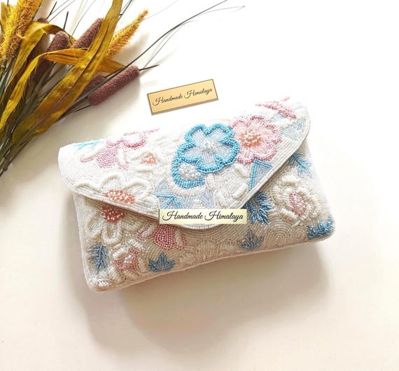 Pastel Floral Beaded Clutch | White Pink Blue Bridal Wedding Purse