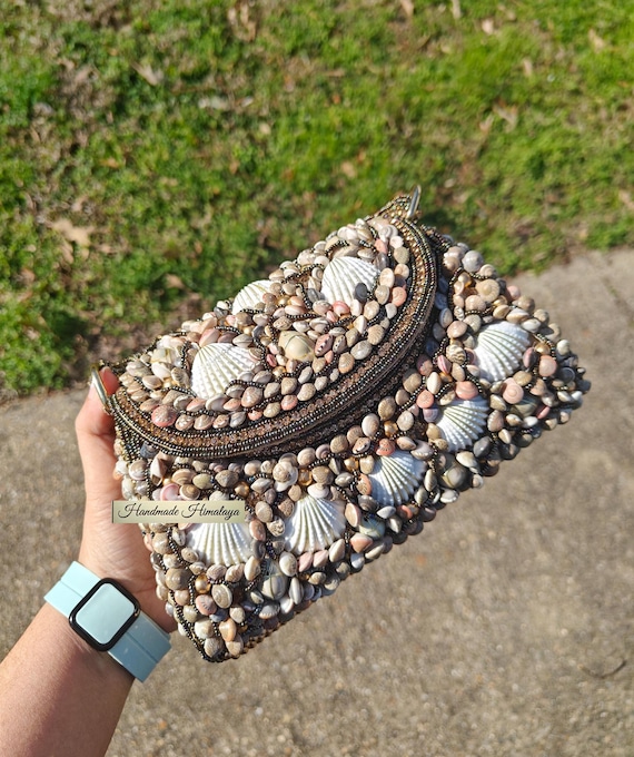 Pearl Embellished Shell Purse |  Formal Coastal Clamshell Clutch | Beach Wedding  Party Evening Bag