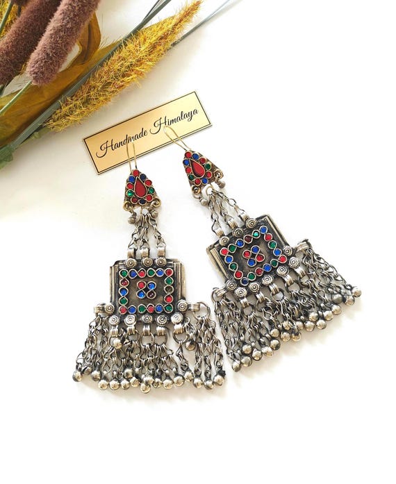 Vintage Afghan Kuchi Tassel Earrings | Colorful Glass Inlay Dangles | Oxidized Silver Festival Statement Jewelry