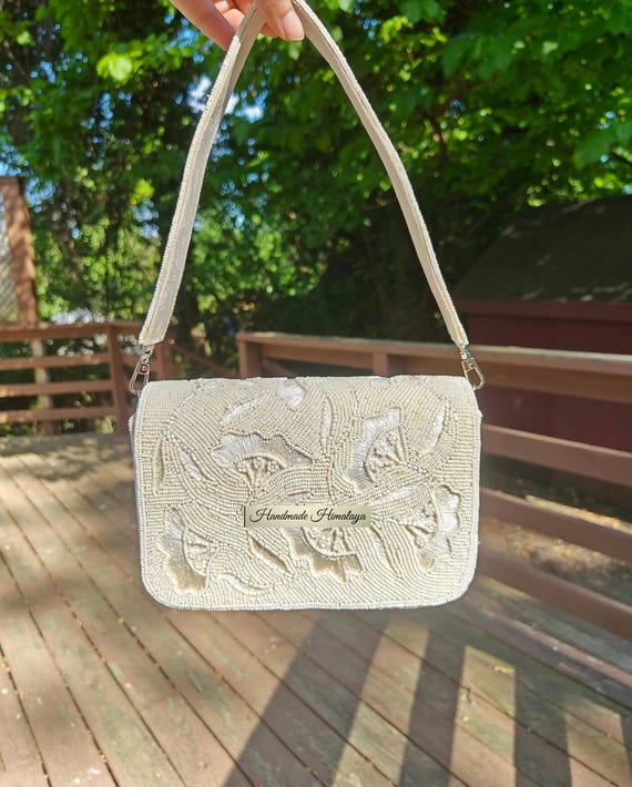 Ivory Floral Beaded Bag | White Bridal Wedding Shoulder Purse