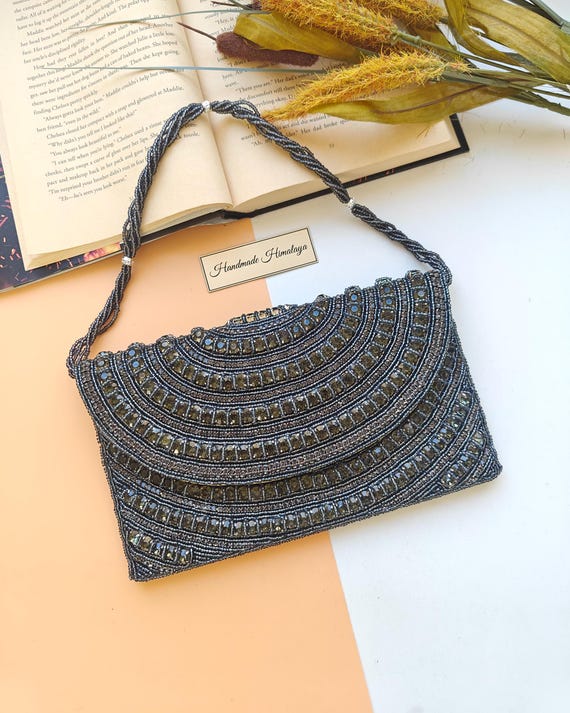 Gray Beaded Clutch, Metallic Silver Crystal Evening Bag, Envelope Crossbody Sling, Party Handbags, Gift for Her