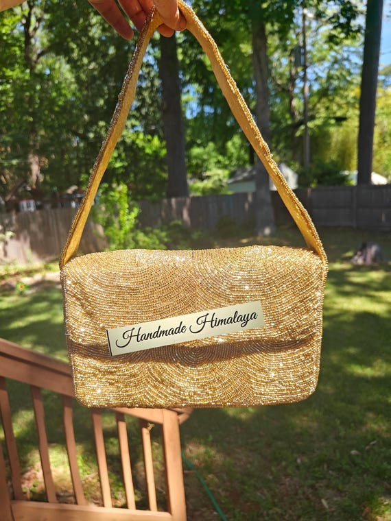 Gold Beaded Evening Bag: Handmade Wedding Clutch Purse