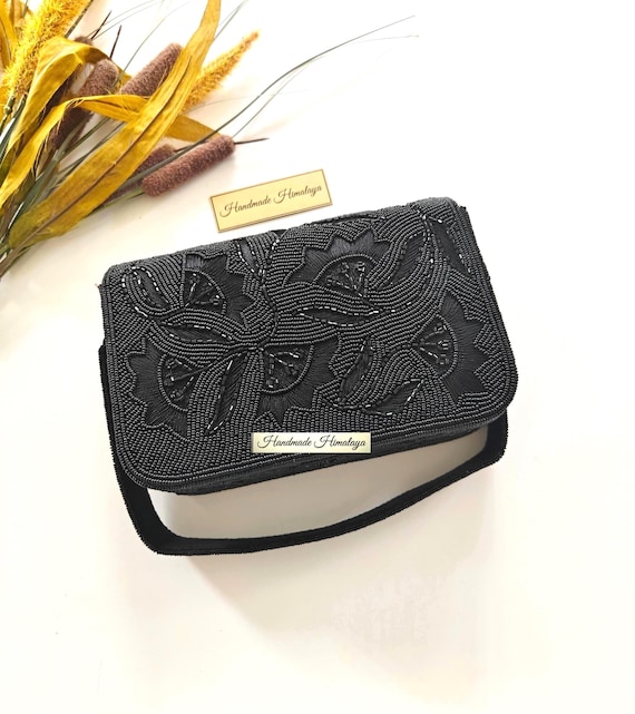 Black Floral Beaded Clutch | Bridal Wedding Evening Bag