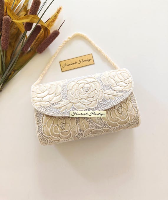 Ivory Floral Bridal Beaded Bag | White Wedding Top Handle Purse