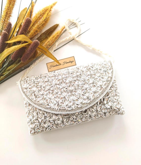 White Crystal Bridal Clutch | Beaded Wedding Purse Crossbody | Formal Evening Bag for Bridesmaid