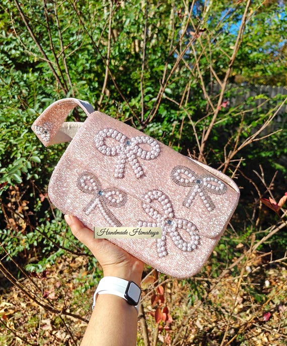 Pink Pearl Bow Bag | Blush Bridal Wedding Shoulder Purse