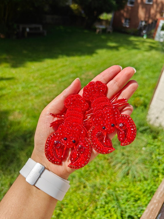Red Lobster Earrings, Red Beaded Earrings, Lobster Earrings, Beach Earrings, Embroidered Earrings, Red Jewelry, Summer Earrings Long