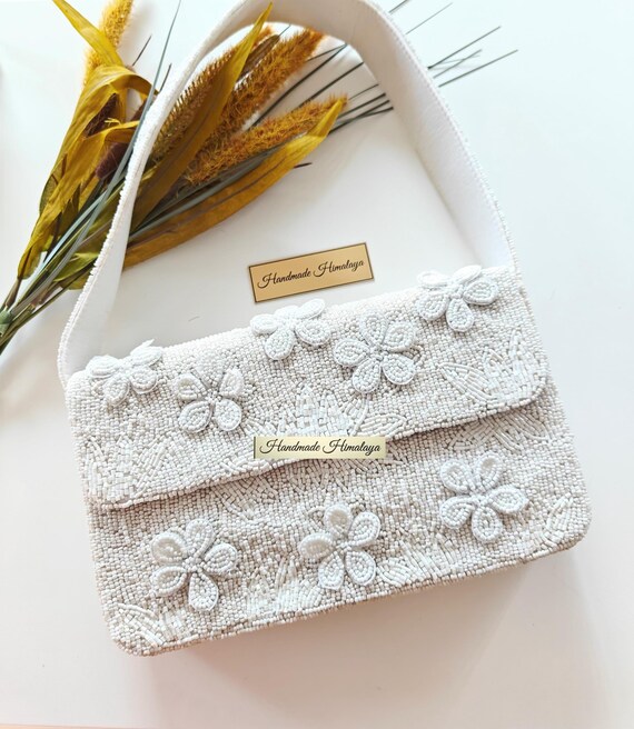 White Floral Beaded Shoulder Bag | 3D Flower Bridal Purse | Handmade Ivory Wedding Handbag