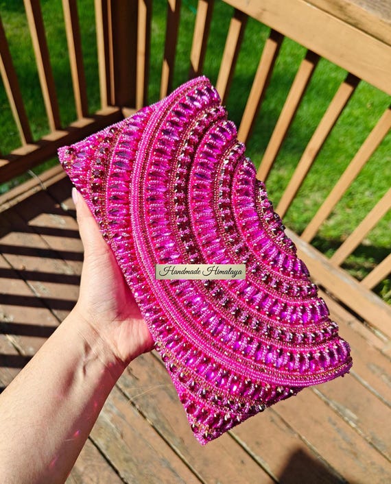 Hot Pink Beaded Clutch, Crystal Embellished Purse, Pink Beaded Handbag, Party Evening Clutch, Gift for Her, Fuchsia Clutch