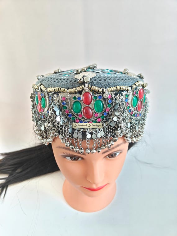 Embroidered Afghan Mathapati Cap: Halima Sultan Style Jewel Embellished Hat Gray