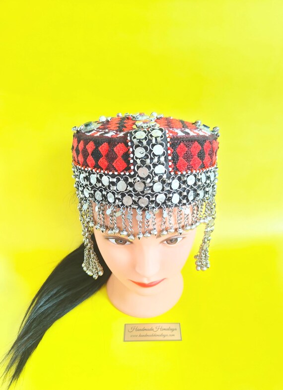 Afghan Halima Sultan Cap: Traditional Belly Dance Hat Embellished Woman Cap Metal Fringes