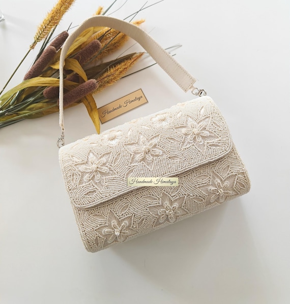 Ivory Floral Beaded Handbag, Handmade Seed Bead Evening Clutch, Bridal Purse