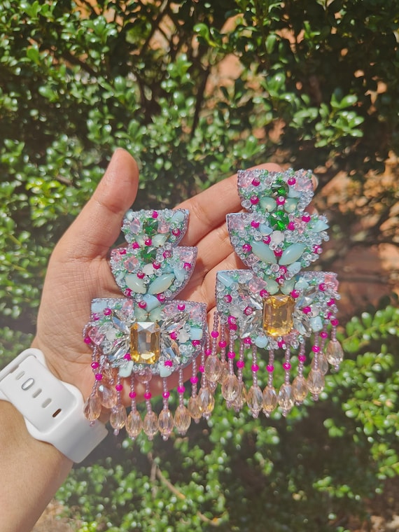 Bridal Chandelier Earrings, Beaded Pastel Crystals, Party Jewelry