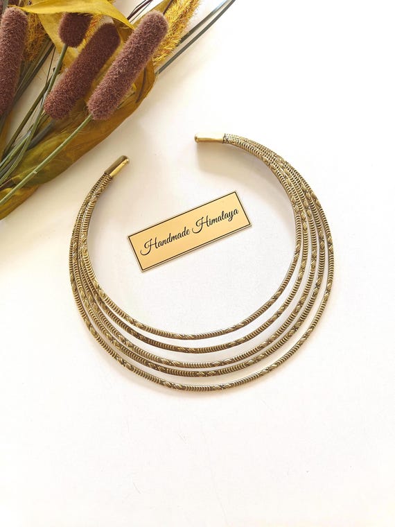 Vintage Tribal Brass Hasli Necklace, Ethnic Statement Collar