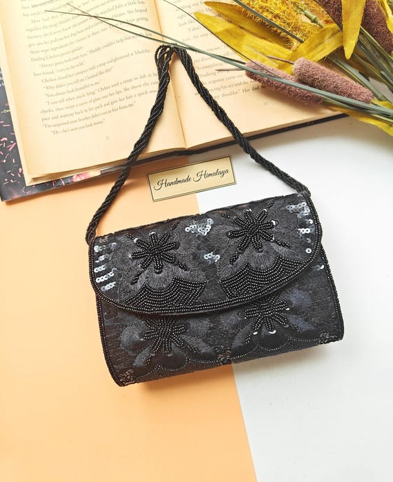 Gothic Style Black Beaded Handbag, Floral Evening Bag with Chain Strap,  Midnight Black Purse for Prom, Galas