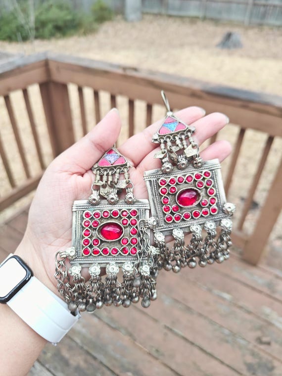 Vintage Afghan Kuchi Chandelier Earrings | Red Stone Tribal Dangle Earrings | Antique Silver Boho Gypsy Belly Dance Statement Jewelry
