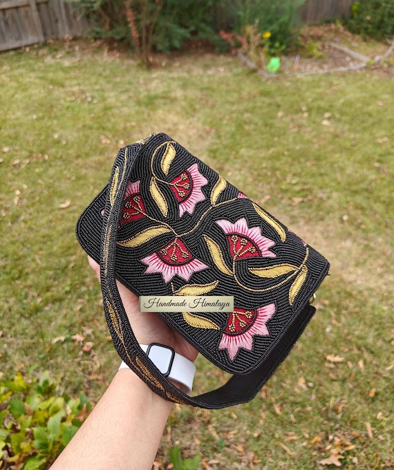 Black Beaded Bag, Wedding Bridal Pink Cherry Flower Purse, Party Evening Handbag