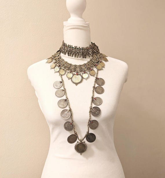 Afghan Brass Coin Necklace Set, Tribal Choker, Boho Jewelry
